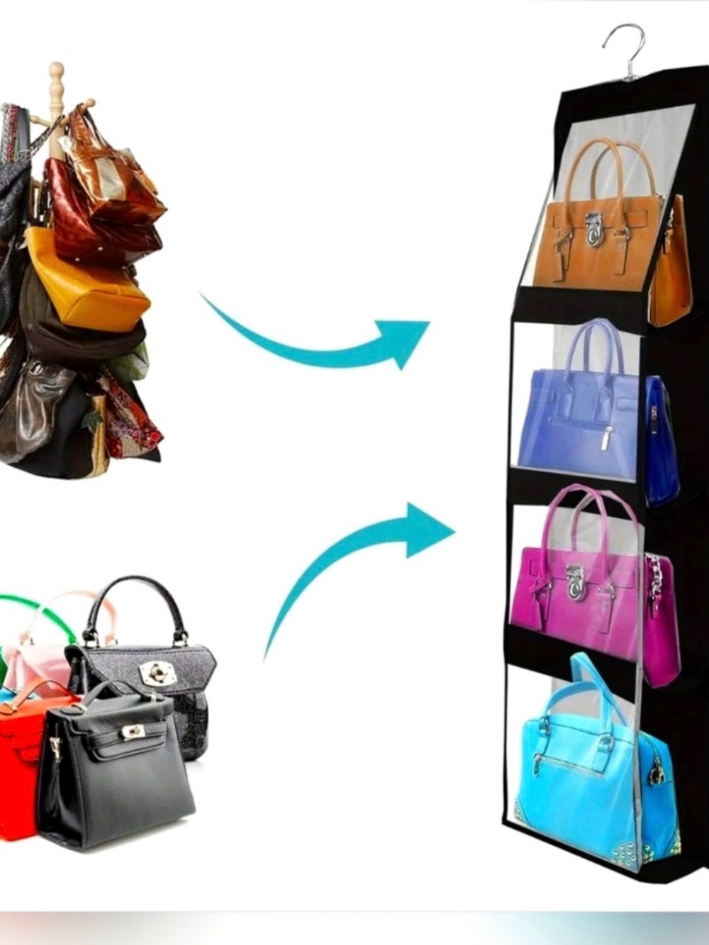 Black Hanging Handbag Organizer for Closet - Sleek Vertical Storage - Picture 2 of 3